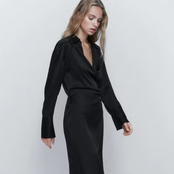 Massimo Dutti Maxi Wrap Black Satin Shirt Dress Size XS New With Tags - Picture 4 of 16